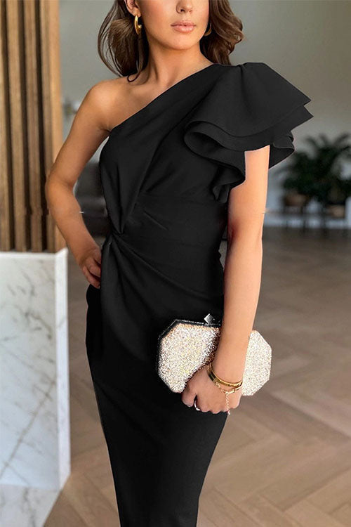 Caz - Vestido Midi con Hombros Descubiertos y Mangas con Volantes