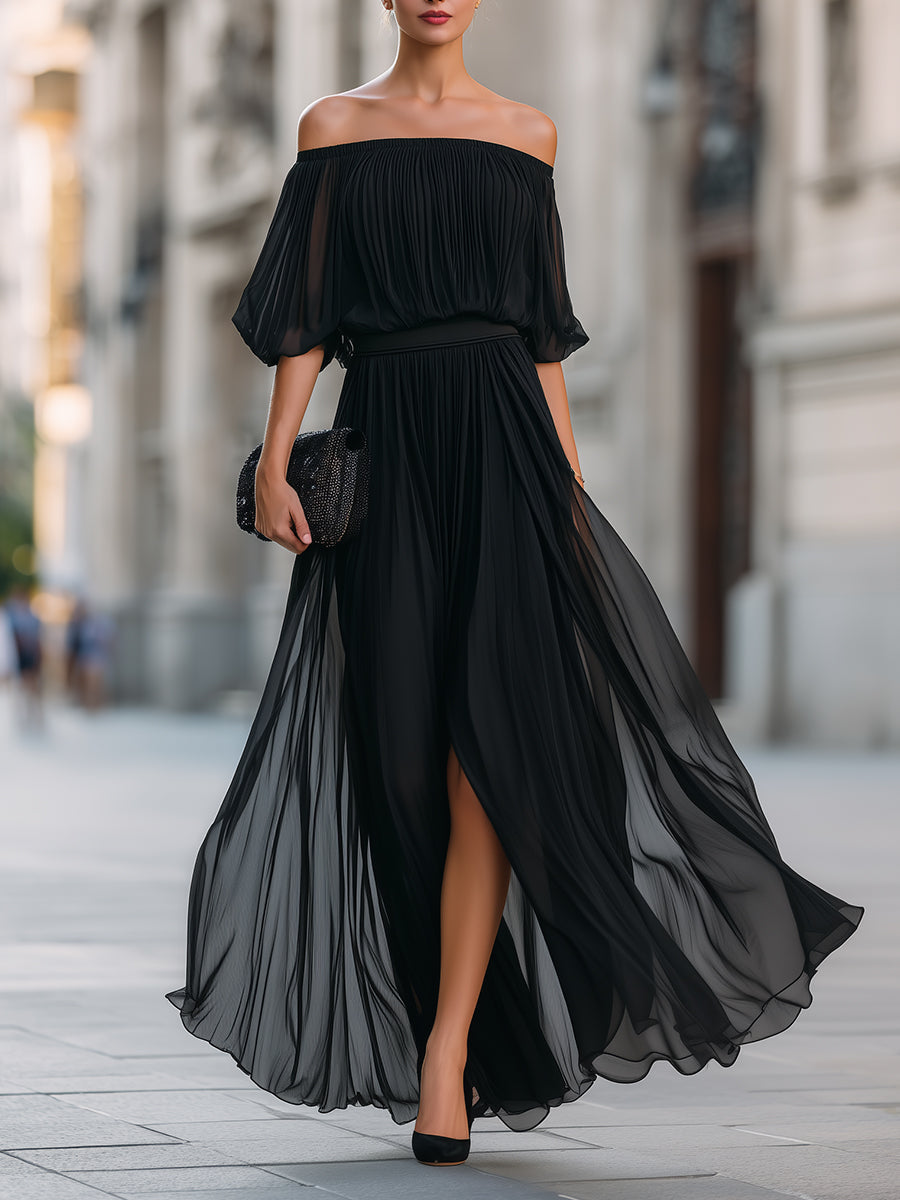 Annetta - Vestido Maxi de Chifón Plisado Negro con Hombros Descubiertos