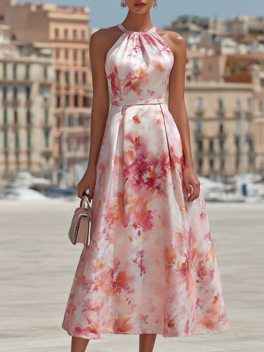 Violetta - Vestido Midi con Cuello Halter en Patrón Floral Acuarelado