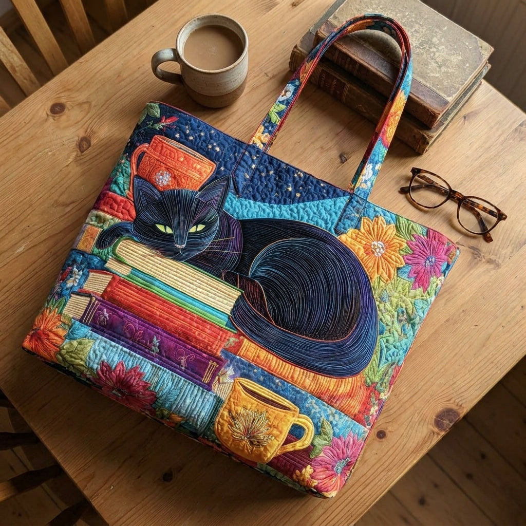 Bolsa Artesanal - Gato Negro con Libros y Tazas