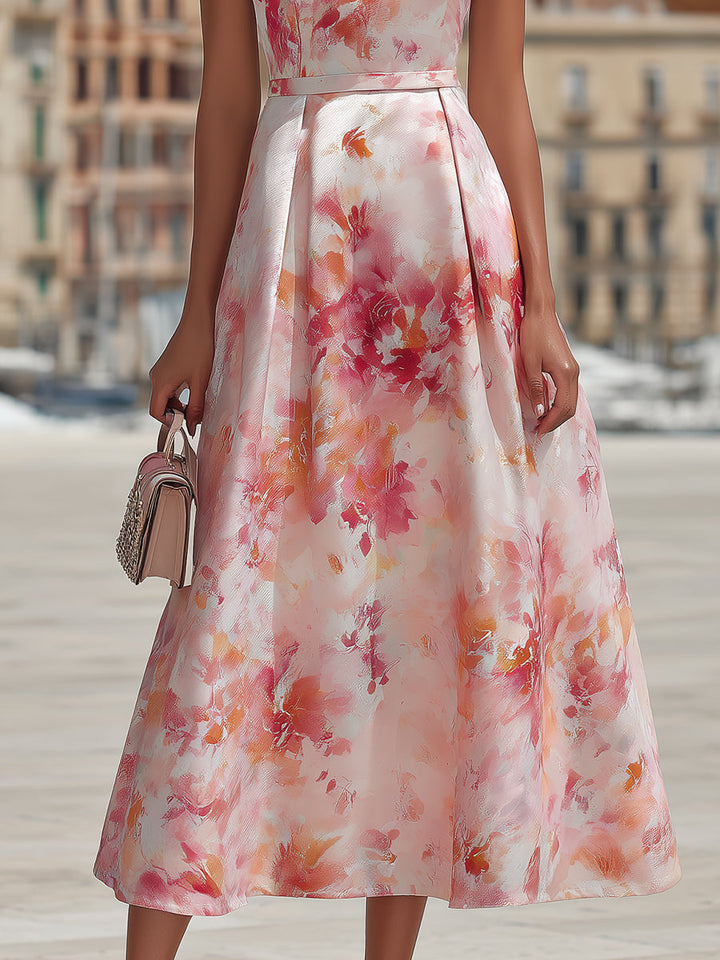Violetta - Vestido Midi con Cuello Halter en Patrón Floral Acuarelado