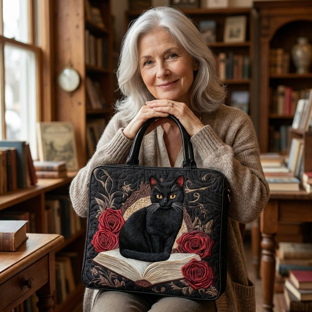 Bolso Artesanal Acolchado - Gato Negro sobre Libros