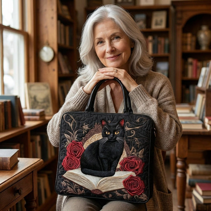Bolso Artesanal Acolchado - Gato Negro sobre Libros