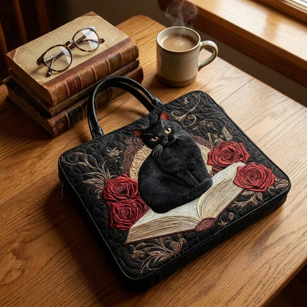 Bolso Artesanal Acolchado - Gato Negro sobre Libros