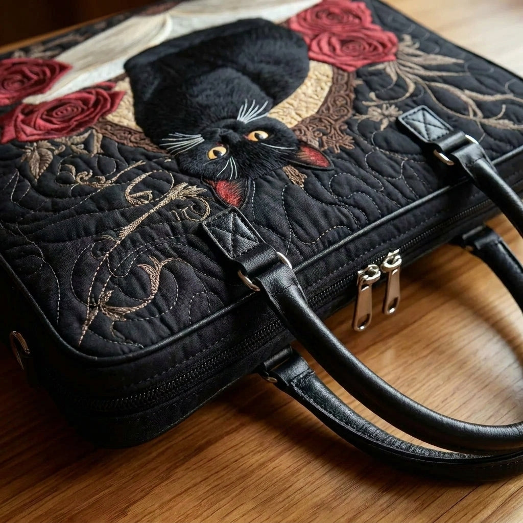 Bolso Artesanal Acolchado - Gato Negro sobre Libros