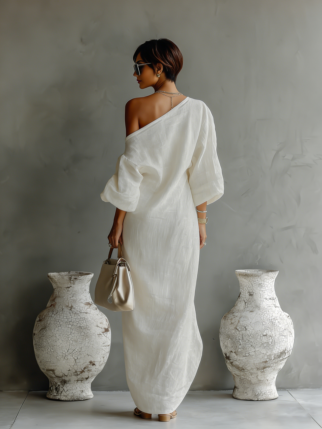 Aurora | Vestido Maxi Fluido de Un Hombro en Marfil