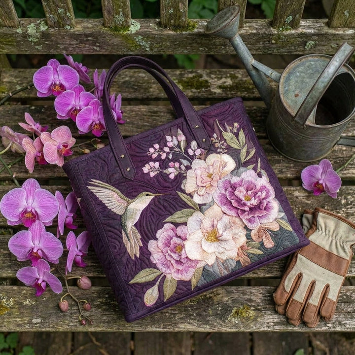 Bolsa Acolchada Artesanal - Colibríes y Orquídeas