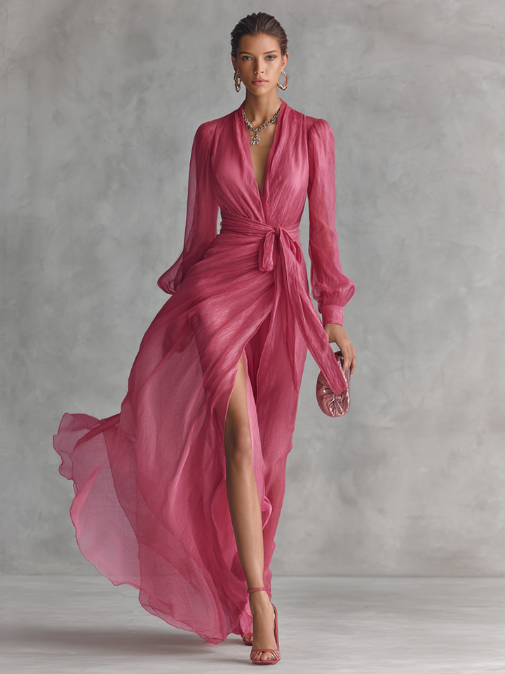 Vestido Chiffon Rosa con Escote en V