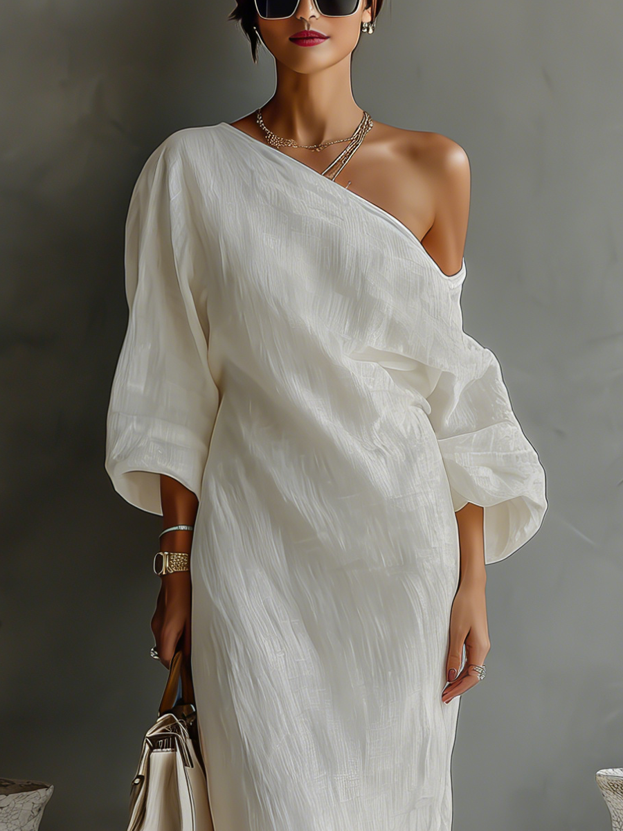 Aurora | Vestido Maxi Fluido de Un Hombro en Marfil