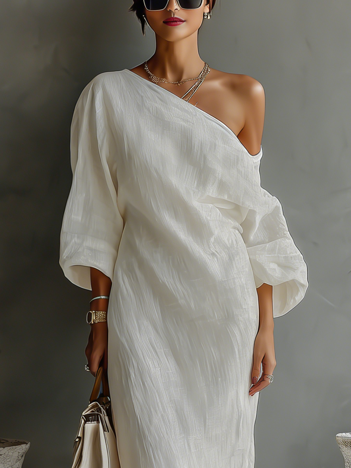 Aurora | Vestido Maxi Fluido de Un Hombro en Marfil