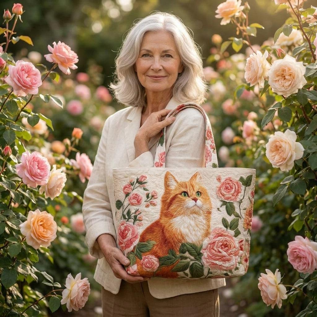Bolso Artesanal - Gato Naranja con Rosas