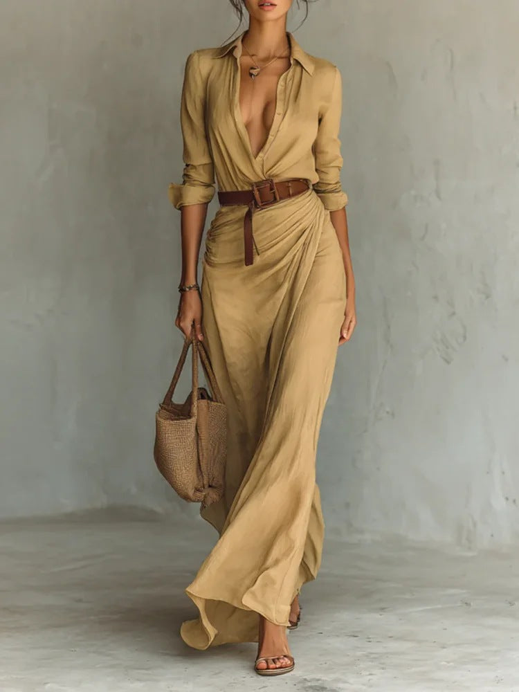 Kiara - Vestido Maxi con Mangas Largas y Cuello de Solapa