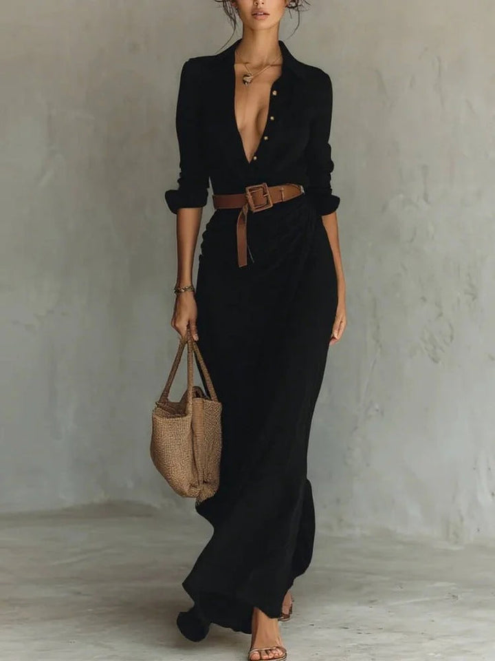 Kiara - Vestido Maxi con Mangas Largas y Cuello de Solapa