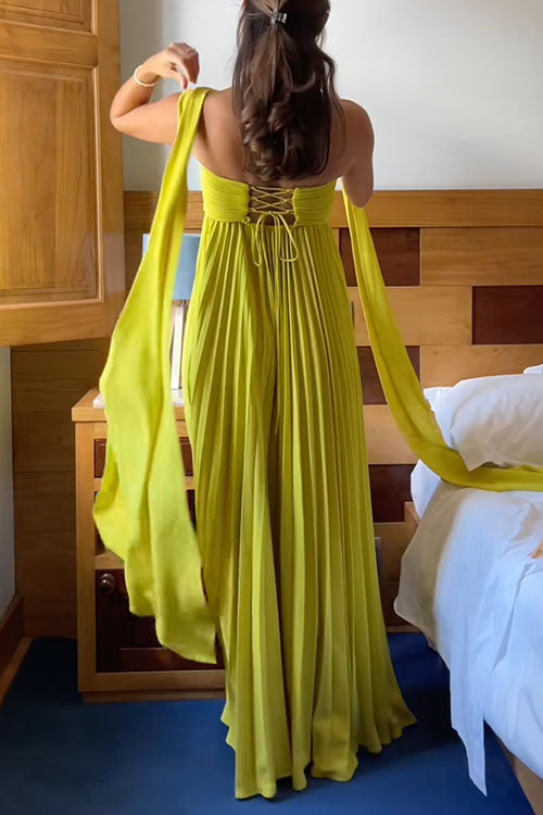 Katrina – Vestido Maxi con Diseño Off-the-Shoulder, Cordones y Falda Plisada