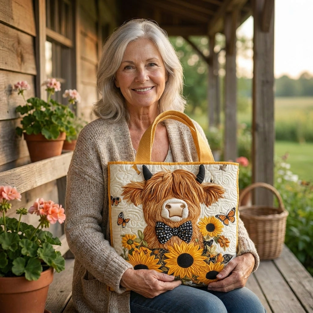 Bolsa Acolchada - Vaca Highland con Girasoles