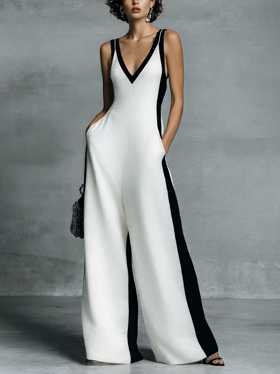 Celine | Mono de Pierna Ancha en Bloques de Color Negro y Blanco