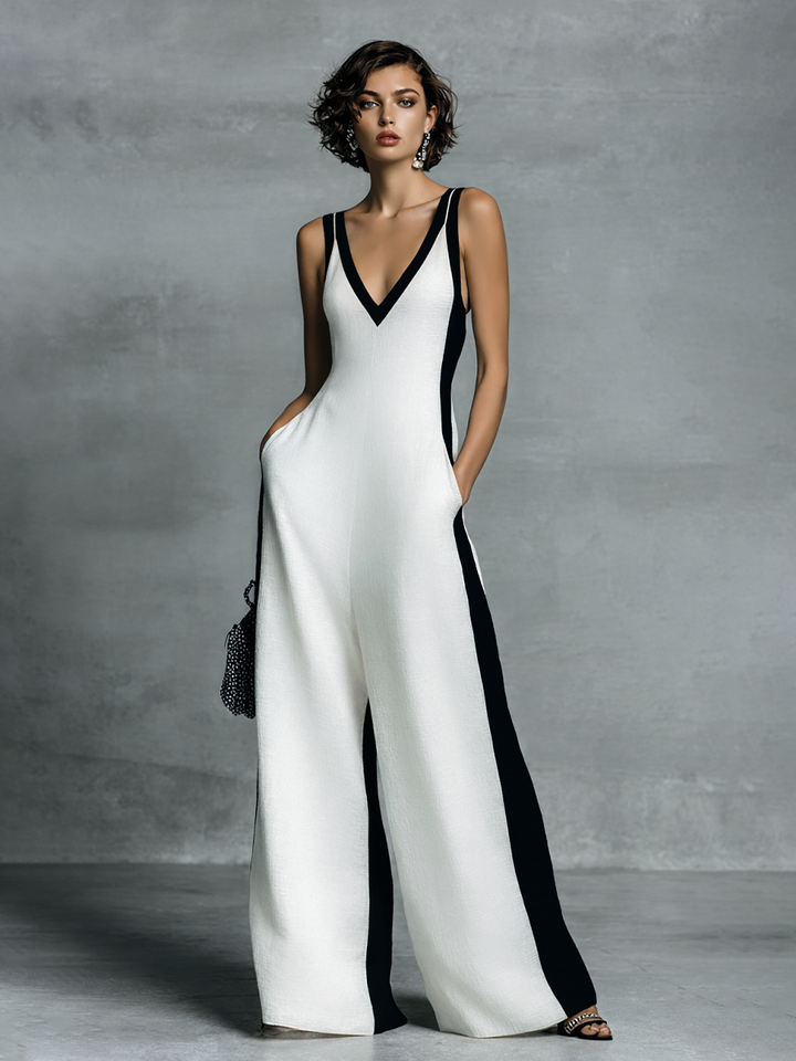 Celine | Mono de Pierna Ancha en Bloques de Color Negro y Blanco