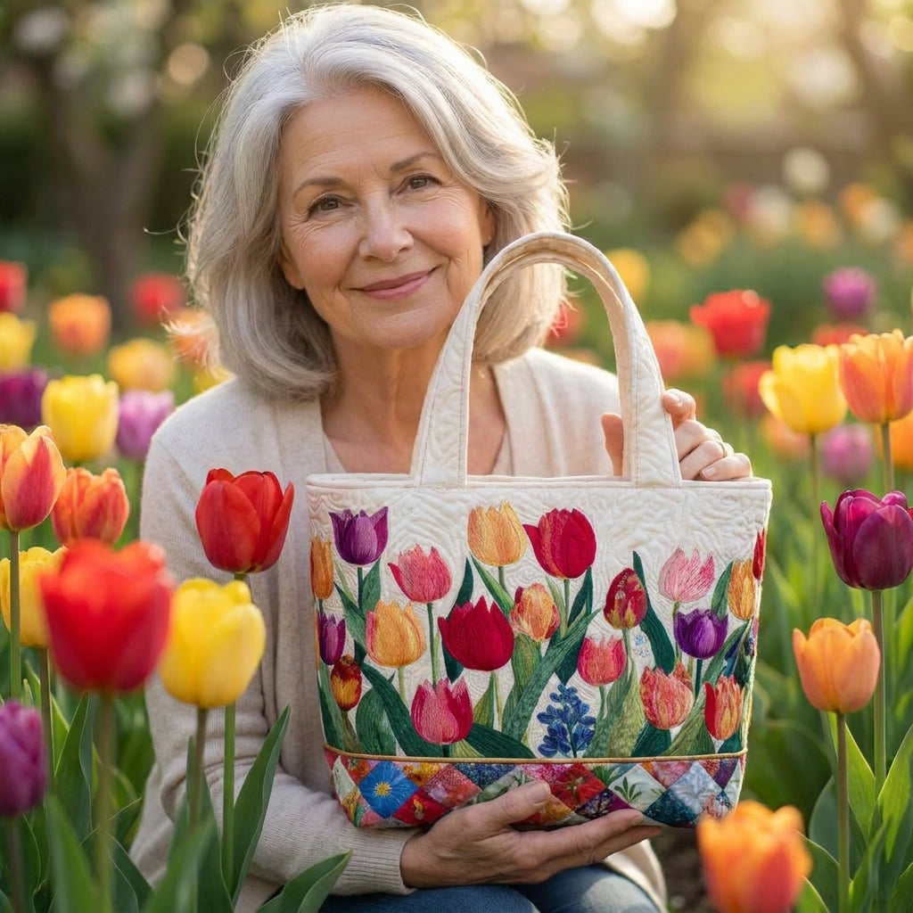 Bolsa Tote Acolchada - Jardín de Tulipanes