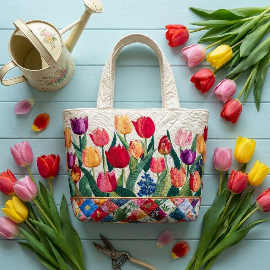 Bolsa Tote Acolchada - Jardín de Tulipanes