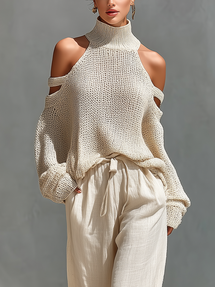 Thalia - Conjunto de Top de Cuello Alto Beige de Punto y Pantalones Anchos