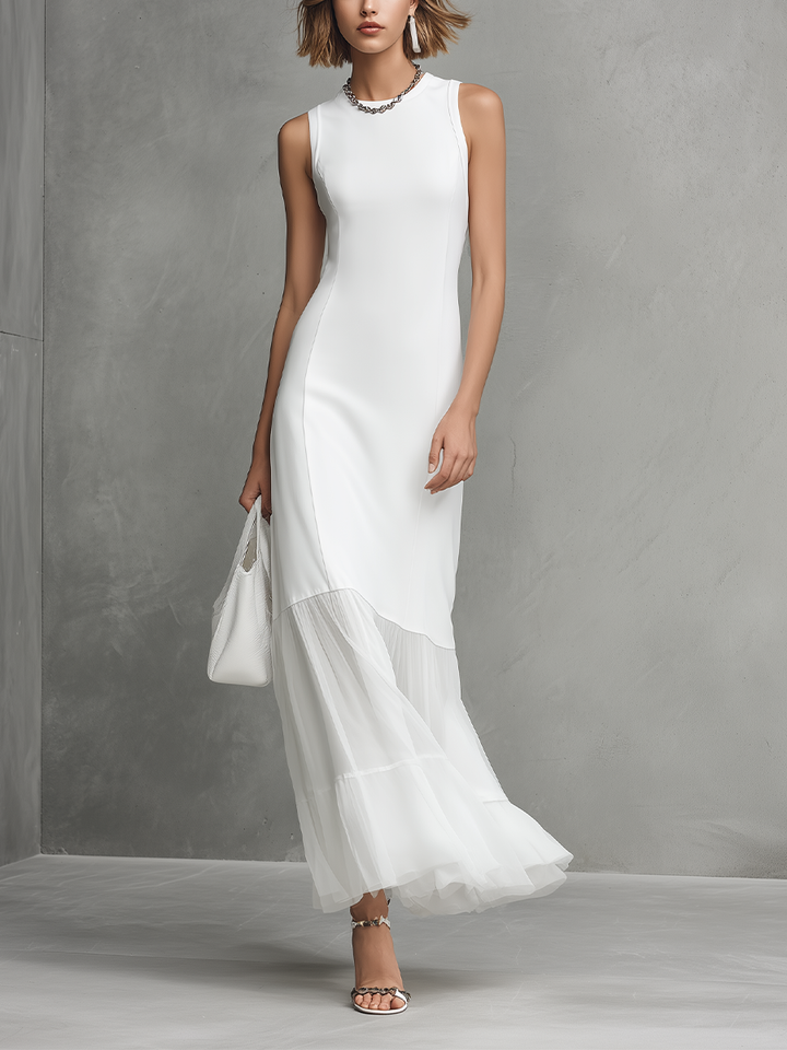 Vestido Elegante Blanco Sin Mangas para Mujeres Hecho de Elementos de Seda y Chiffon
