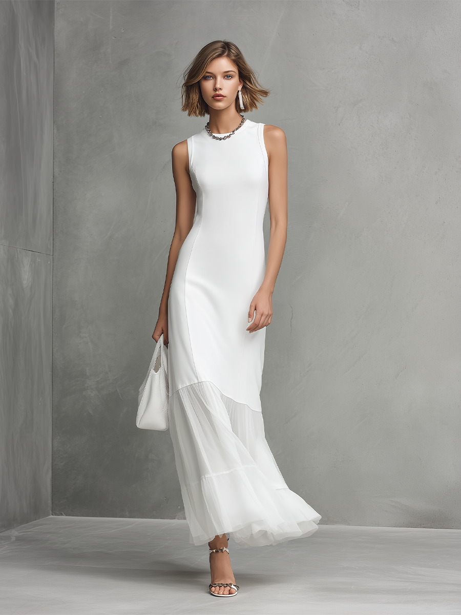Vestido Elegante Blanco Sin Mangas para Mujeres Hecho de Elementos de Seda y Chiffon