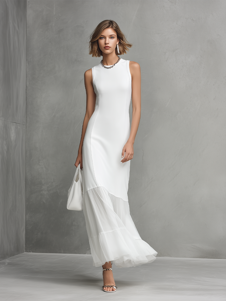 Vestido Elegante Blanco Sin Mangas para Mujeres Hecho de Elementos de Seda y Chiffon