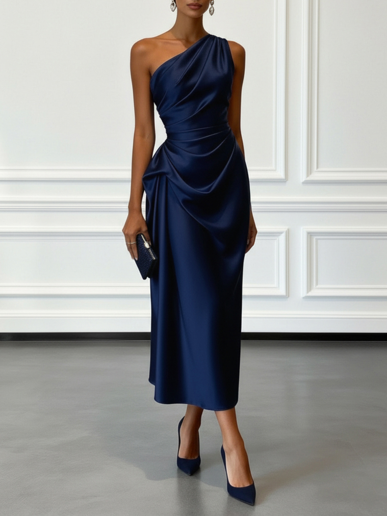 Caille - Vestido Midi Sin Mangas de Satén Champagne con Volantes de Un Hombro