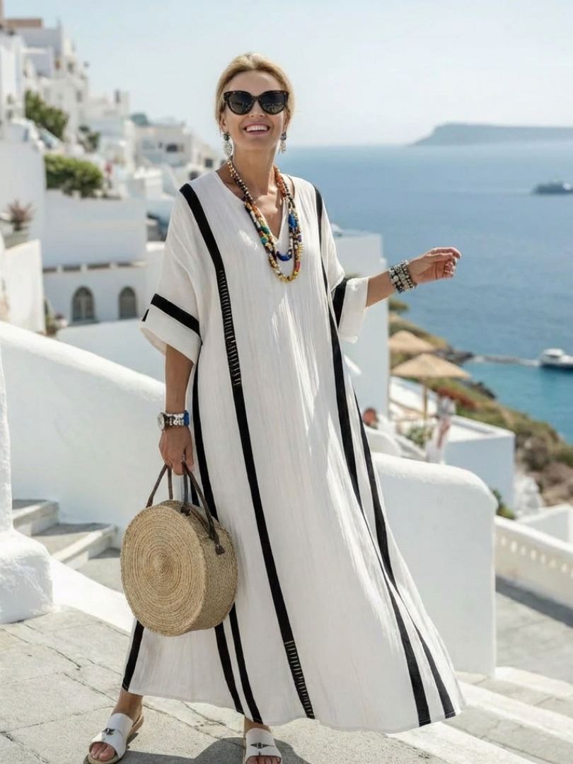 Elvienne | Vestido Maxi de Manga Corta con Rayas de Color