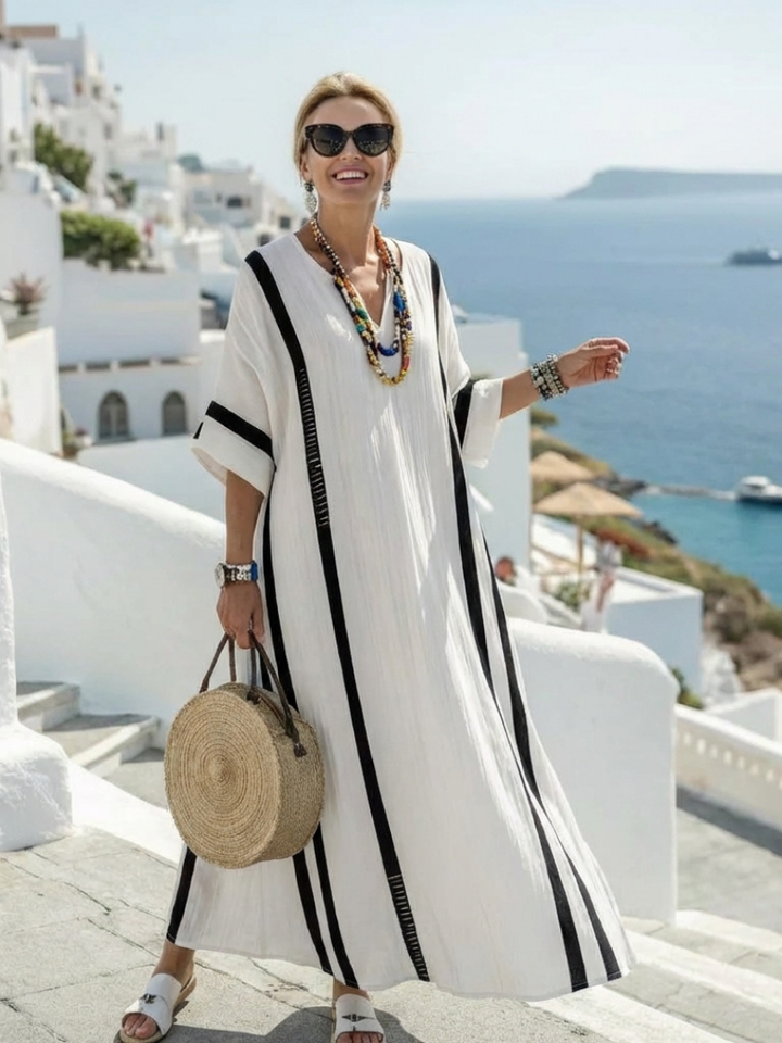 Elvienne | Vestido Maxi de Manga Corta con Rayas de Color