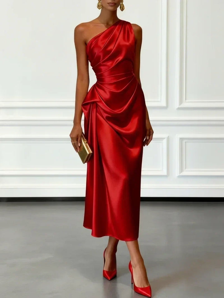 Caille - Vestido Midi Sin Mangas de Satén Champagne con Volantes de Un Hombro