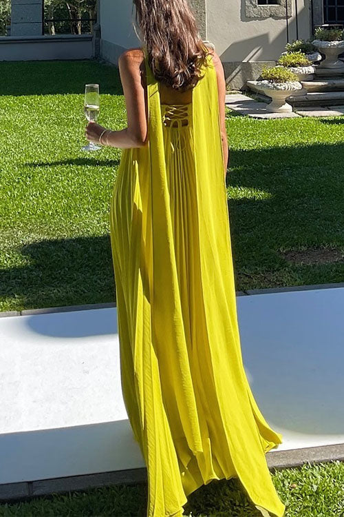Katrina – Vestido Maxi con Diseño Off-the-Shoulder, Cordones y Falda Plisada