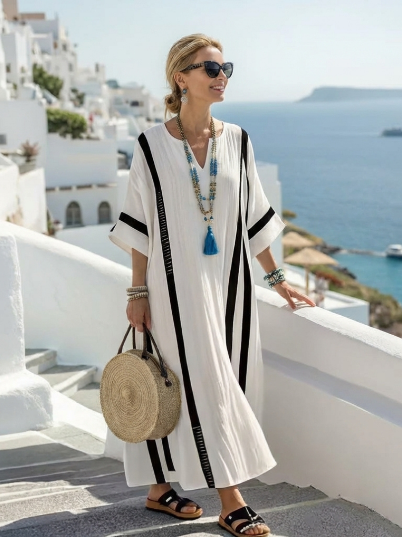 Elvienne | Vestido Maxi de Manga Corta con Rayas de Color