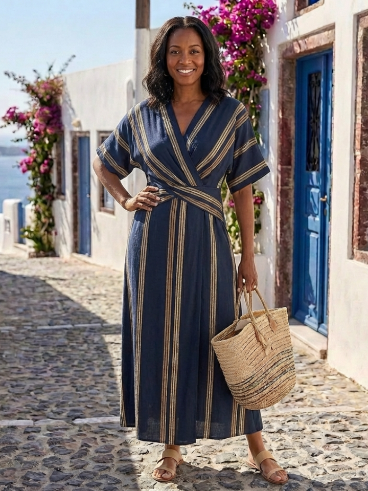 Saphira | Vestido midi envolvente a rayas con cuello en V y mangas cortas