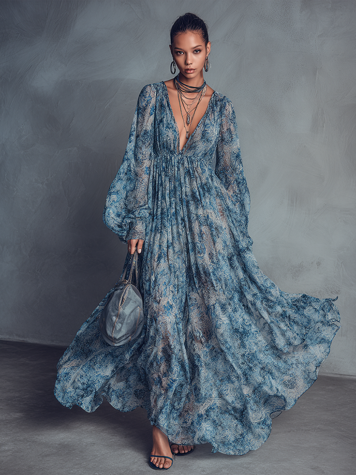 Grace - Vestido Maxi de Chifón con Estampado Floral Azul Estilo Bohemio