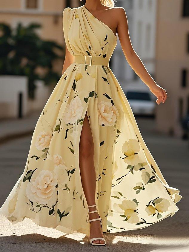 Sella - Vestido Maxi de Chifón A-Line con Volantes de Un Hombro