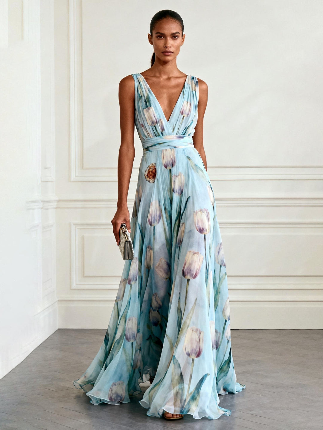 Nerea - Vestido Maxi Elegante con Estampado de Tulipanes y Escote en V