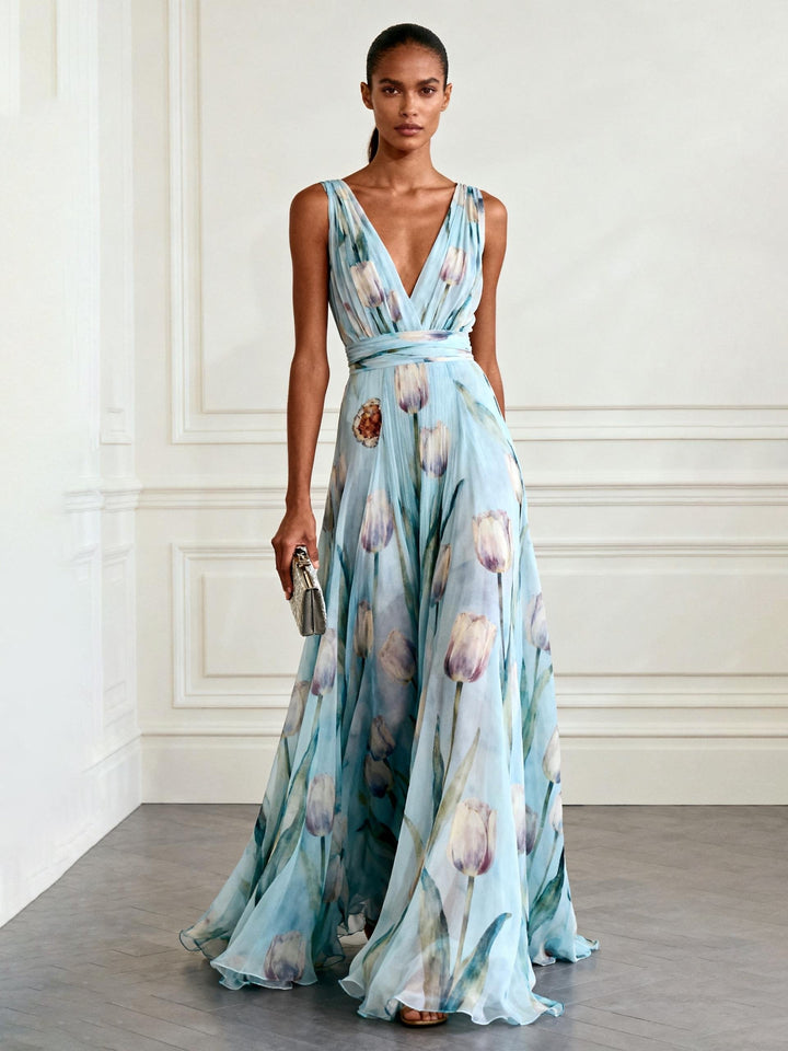 Nerea - Vestido Maxi Elegante con Estampado de Tulipanes y Escote en V