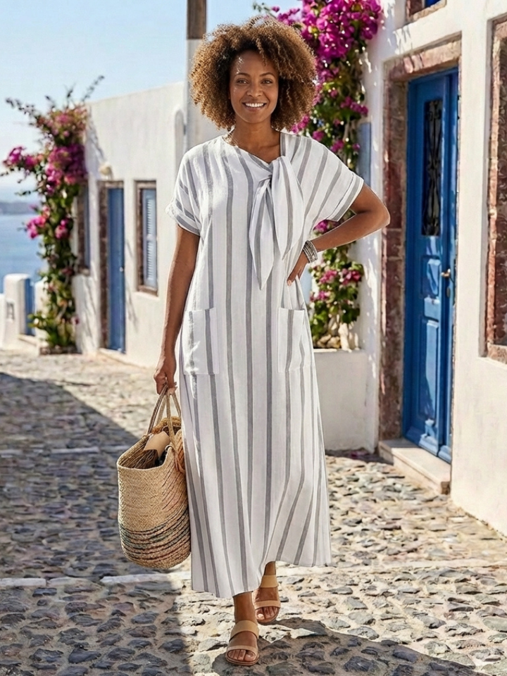 Elaris | Vestido midi de rayas con cuello atado y bolsillos de manga corta