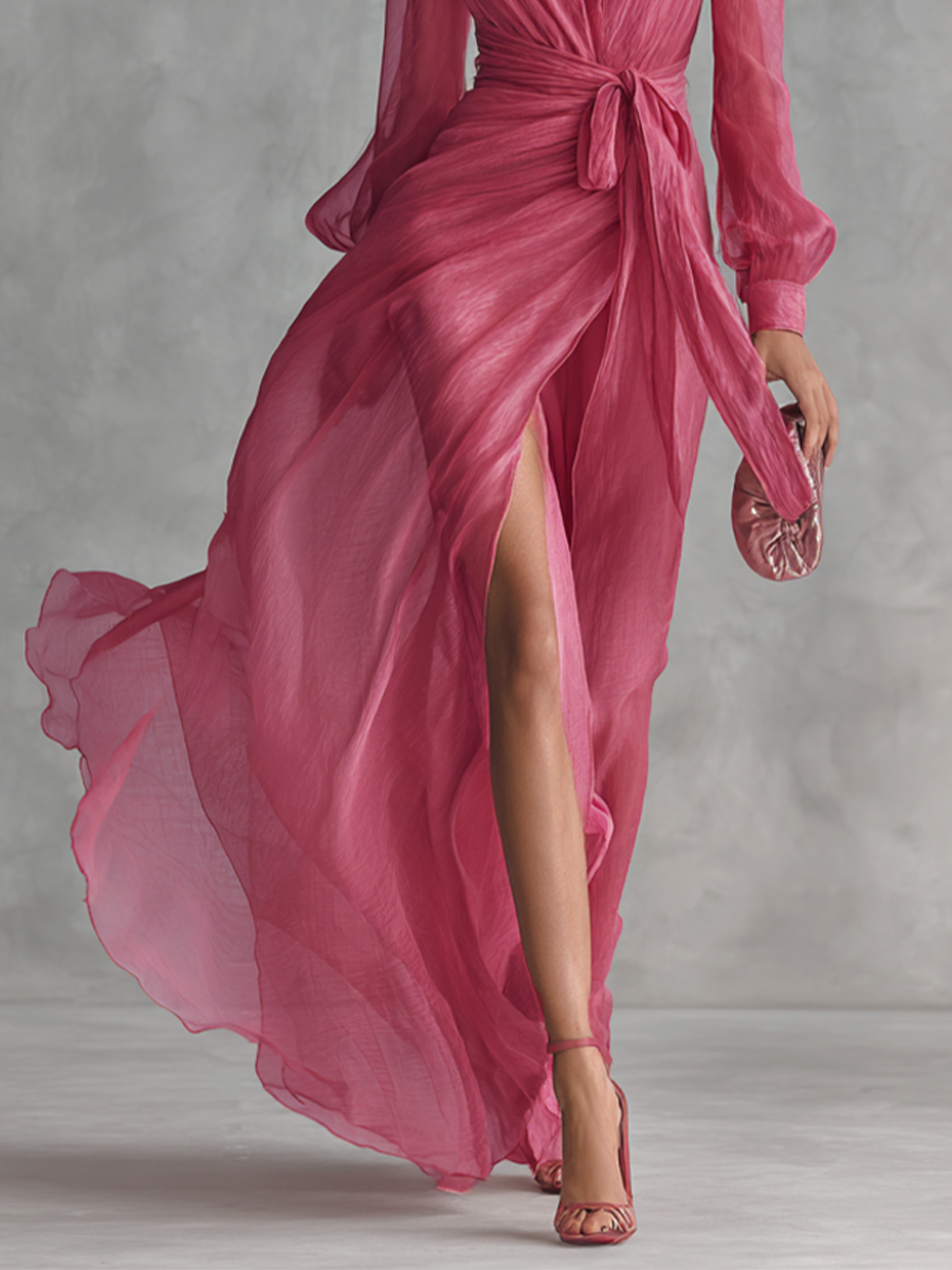 Vestido Chiffon Rosa con Escote en V
