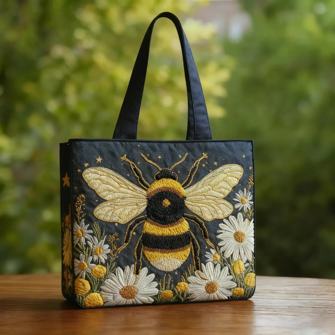 Bolso Tote Artesanal - Abeja con Margaritas y Estrellas