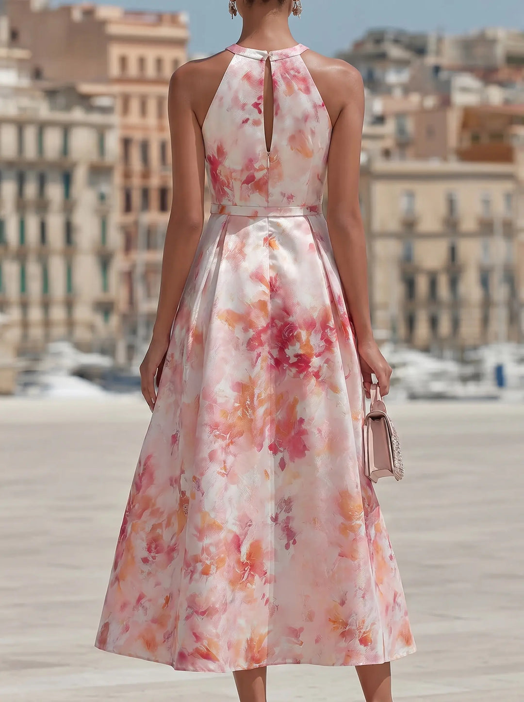 Violetta - Vestido Midi con Cuello Halter en Patrón Floral Acuarelado