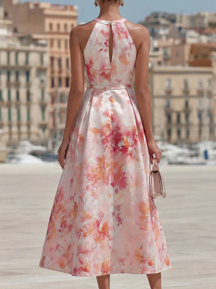 Violetta - Vestido Midi con Cuello Halter en Patrón Floral Acuarelado