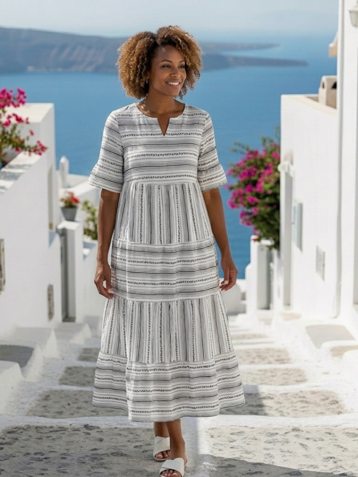 Parisa | Vestido midi de rayas con mangas cortas y capas