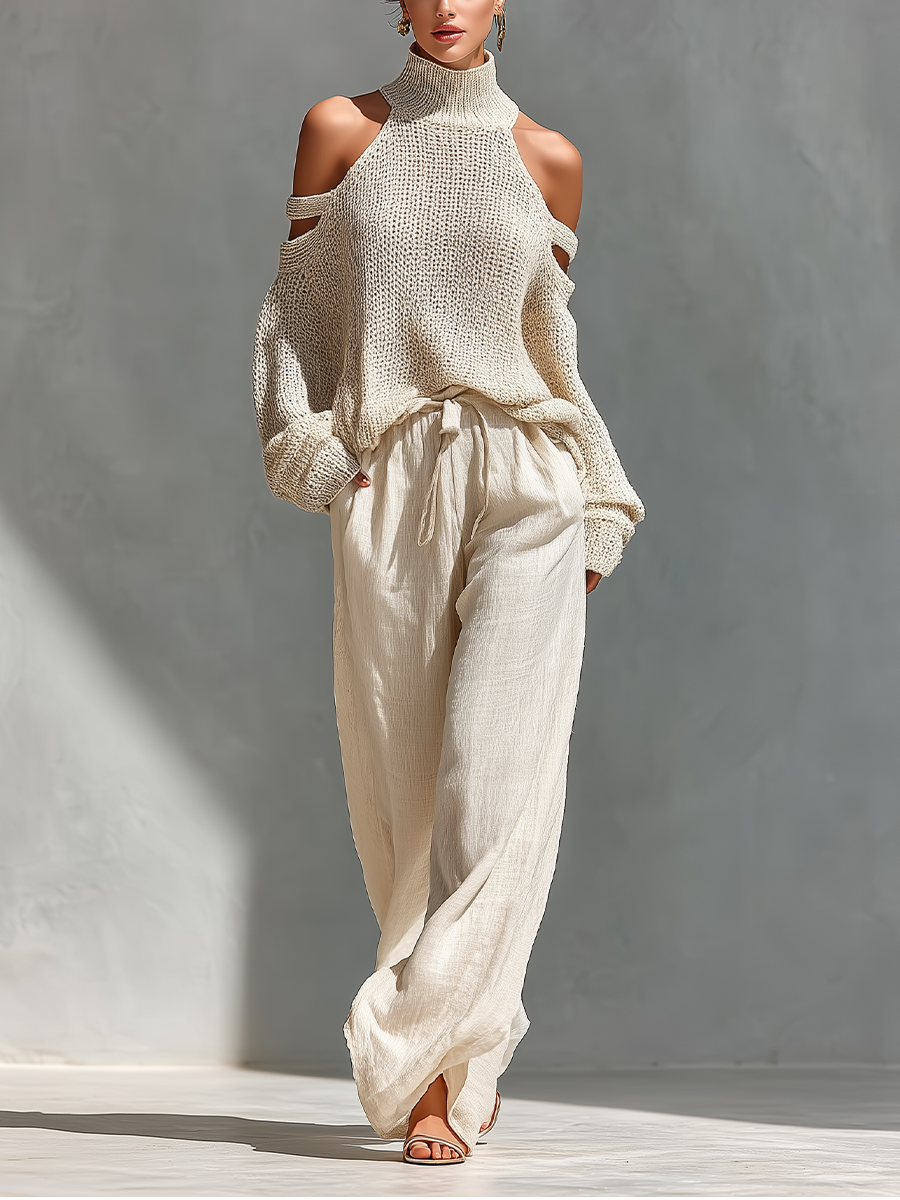 Thalia - Conjunto de Top de Cuello Alto Beige de Punto y Pantalones Anchos