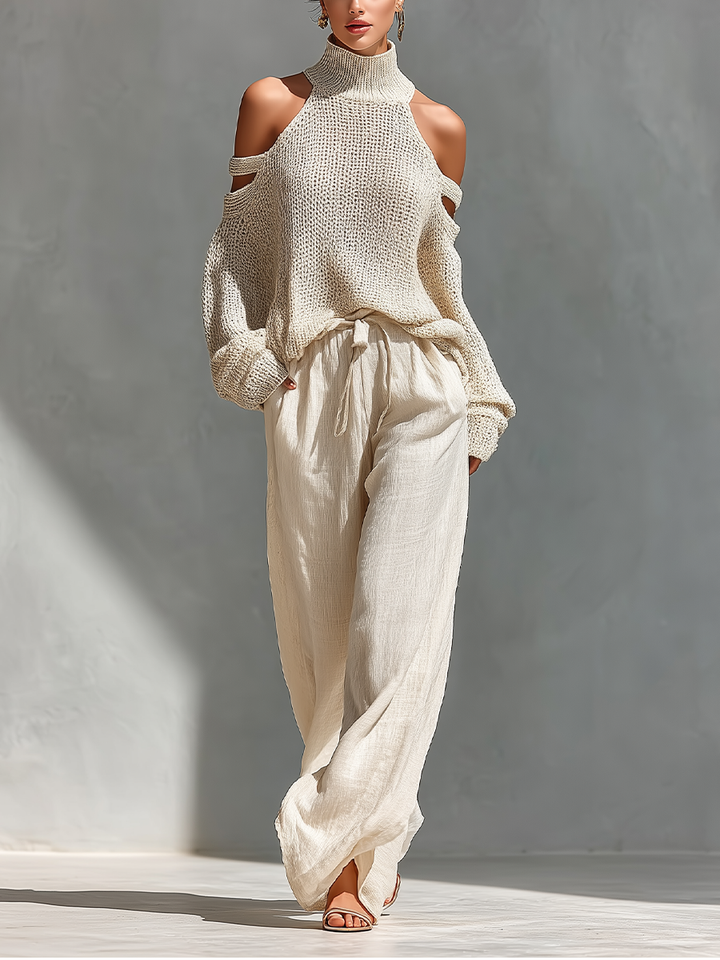 Thalia - Conjunto de Top de Cuello Alto Beige de Punto y Pantalones Anchos