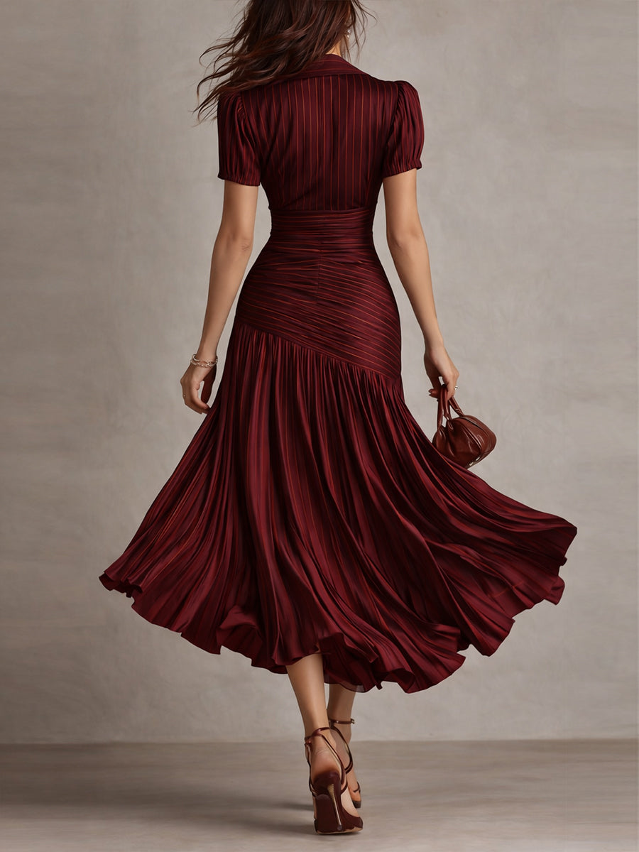 Adriana - Vestido Midi de Satén a Rayas Retro