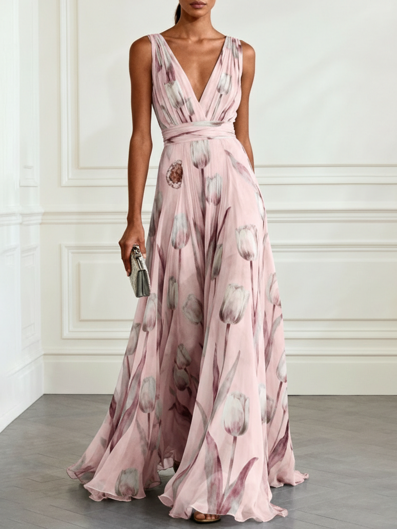 Nerea - Vestido Maxi Elegante con Estampado de Tulipanes y Escote en V