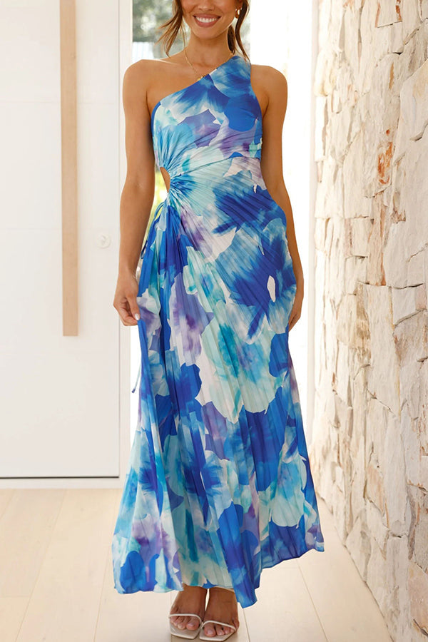Deja - Vestido Largo Plisado de Un Hombro con Estampado Floral