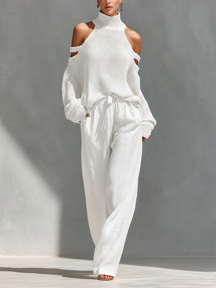 Thalia - Conjunto de Top de Cuello Alto Beige de Punto y Pantalones Anchos